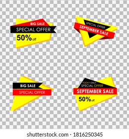 Discount tags, set of banner elements special promotion at the september sale. Yellow and red color design. Vector illustration 