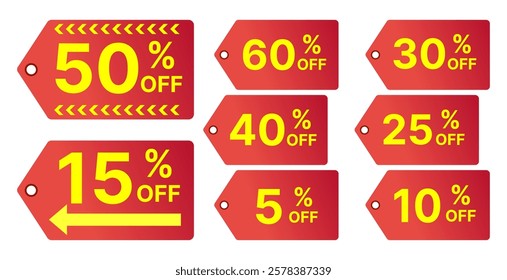 Discount tags set with various percentage offers in bold yellow text. Red Sale Badges with Percentage Discounts for retail, e-commerce, marketing campaigns, and promotional sales events.Vector