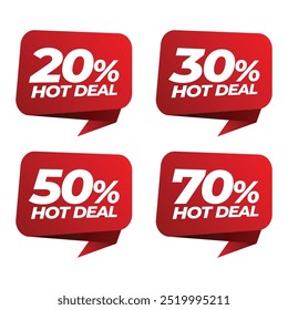 Ilustração de vetor de etiquetas de desconto com 20%, 30%, 50% e 70% de desconto em ofertas quentes em bolhas de fala em negrito vermelho. Perfeito para vendas promocionais, materiais de marketing e eventos de varejo.