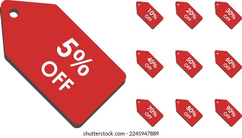 Discount tags, vector. Red tags with discounts from 5 to 90 percent, tags with shadows.