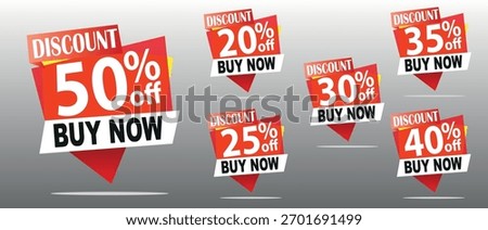 Discount Tags Vector Set, Popup Buy Now Sale, 50, 20, 35, 30, 25, 40 Off, Red white EPS Pointer