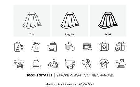 Etiquetas de desconto, ícones de linha Carteira e Mochila. Pacote de Marketplace, presente de venda, ícone do carrinho de bagagem. Carrinho de compras, Atraso de viagem, Pictograma de sacos de venda. Saia, Passaporte, Móveis. Ícones de linha. Vetor