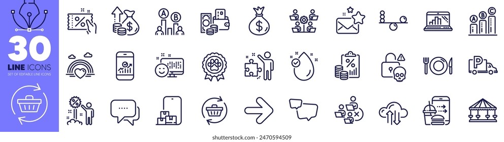 Discount, Tax document and Next line icons pack. Refresh cart, Dog competition, Graph laptop web icon. Ab testing, Graph chart, Strategy pictogram. Smartphone statistics, Remove team. Vector