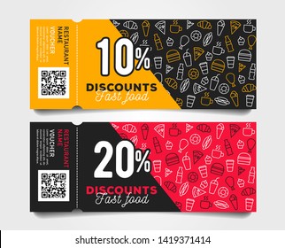 Discount tear-off coupons with barcode fast food template design with linear pattern of food and drinks