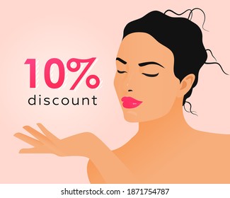 Discount Template with Beautiful Female Face. Female with Natural Makeup and Healthy Skin Portrait Shows on 10% Discount on Pink Background. Modern Flat Vector Illustration. Social Media Banner.