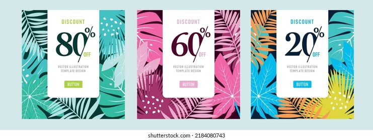 Discount Template Design Vektorgrafik, Monstera Blatt Muster. Tropische Vorlage. Hintergrund für Werbebeilagen. Social Media-Post oder Banner.