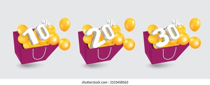 discount text 10%,20%,30%,Yellow is placed in the purple shopping bag with many balloons packed inside,vector 3d isolated on white background for promotion advertising design