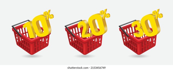 discount text 10%,20%,30%,Yellow is placed in the red shopping basket,vector 3d isolated on white background for promotion advertising design