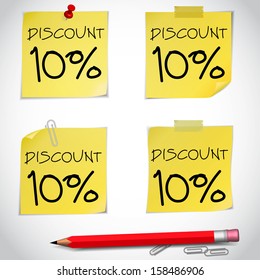 Discount text with numbers on yellow adhesive notes with pin and red pencil isolated on white. Vector illustration