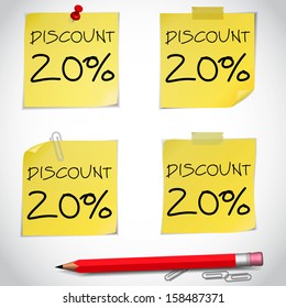 Discount text with numbers on yellow adhesive notes with pin and red pencil isolated on white. Vector illustration