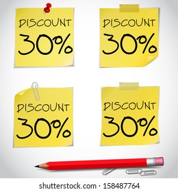 Discount text with numbers on yellow adhesive notes with pin and pencil isolated on white. Vector illustration