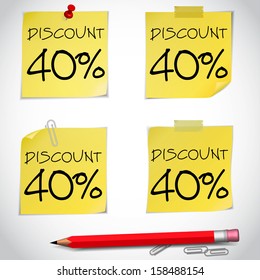 Discount text with numbers on yellow adhesive notes with pin and pencil isolated on white. Vector illustration