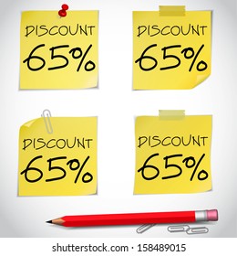 Discount text with numbers on yellow adhesive notes with pin and pencil isolated on white. Vector illustration