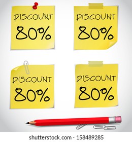 Discount text with numbers on yellow adhesive notes with pin and red pencil isolated on white. Vector illustration