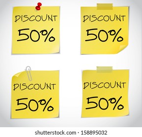 Discount text with numbers on yellow adhesive notes with pin isolated on white. Vector illustration