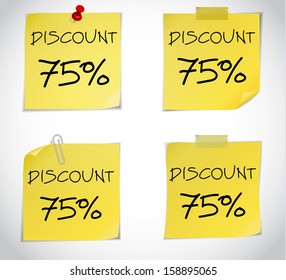 Discount text with numbers on yellow adhesive notes with pin isolated on white. Vector illustration