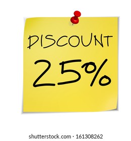 Discount text with numbers on yellow adhesive notes with pin isolated on white
