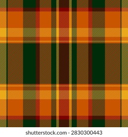 Discount texture background vector, india seamless pattern fabric. Kingdom plaid check tartan textile in orange and dark colors palette.