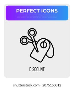 Discount thin line icon. Label is cutted half by scissors. Cut price. Special offer. Modern vector illustration.