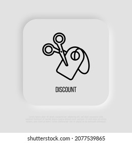 Discount thin line icon. Label is cutted half by scissors. Cut price. Special offer. Modern vector illustration.