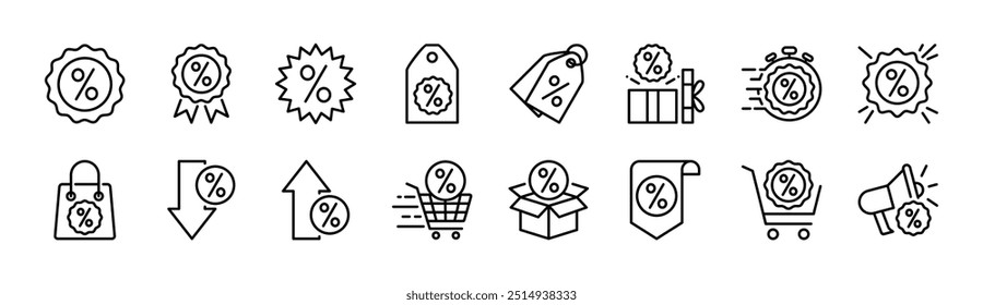 Discount thin line icon vector set. Containing up and down percentage, label, price tag, coupon, special promo, promotion, fast offer, sale product, sell, sticker, badge, shopping tag, cart, pricing