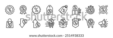 Discount thin line icon vector set. Containing up and down percentage, label, price tag, coupon, special promo, promotion, fast offer, sale product, sell, sticker, badge, shopping tag, cart, pricing