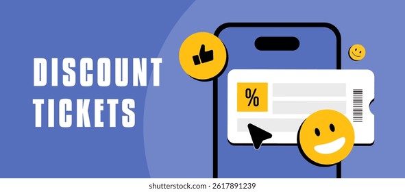 Discount ticket banner with coupon icons, promo code visuals and voucher elements for online shopping, seasonal deals and digital store offers. Discount tickets header vector illustration and icons