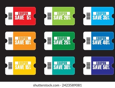 Billete de descuento, juego de ilustración de la plantilla de diseño de cupón.
ahorre 5%~save10%,save20%,save50%.
