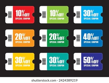 Boleto de descuento, ilustración de plantilla de diseño de cupón conjunto 5% de descuento 10% de descuento 20% ~ 50% de descuento.