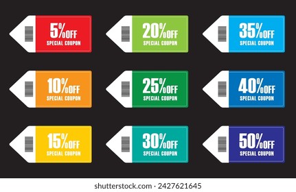 Discount ticket, coupon design template illustration set 5% off 10% off 20% off~50%off.