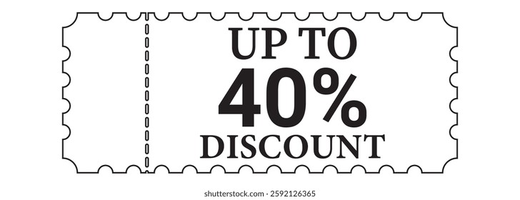 discount ticket icon. 40% off Sale Voucher Coupon. Ten percent promotion illustration. Tag label, sale banner with discount coupon. Black Vector gift voucher.