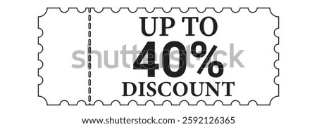 discount ticket icon. 40% off Sale Voucher Coupon. Ten percent promotion illustration. Tag label, sale banner with discount coupon. Black Vector gift voucher.
