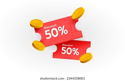 Discount ticket promotion. Special prices, discounts, cashback, coupon codes. Gift card with gold coins. Vector illustration.