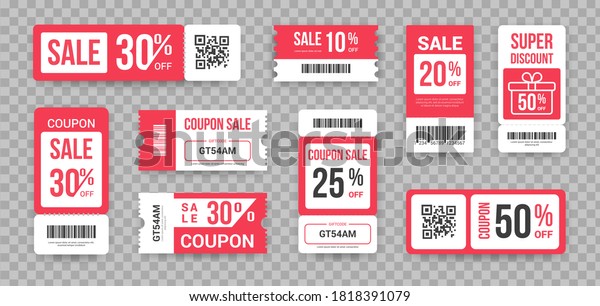Discount tickets. Sale marketing promotion\
collection ribbed lottery paper coupon design mockups with barcode,\
tear-off QR-code. Templates with reduced price vector set in red\
and white colors
