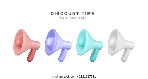 Concepto de tiempo de descuento, conjunto realista de megáfonos 3d, altavoz. Ilustración vectorial.