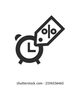 Discount time icon. Clock and interest tag. Monochrome black and white symbol