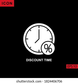 icono de vector de porcentaje de tiempo de descuento en fondo negro. Ilustración icono de glifo plano para gráficos, interfaces de medios impresos y diseño web