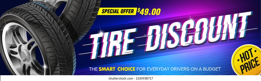 Discount. Tire car advertisement poster. Black rubber tire. Realistic vector shining disk car. Information. Store. Action. Landscape poster, digital banner, flyer, booklet, brochure and web design.