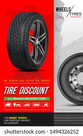 Discount. Tire car advertisement poster. Black rubber tire. Realistic vector shining disk car. Information. Store. Action. Landscape poster, digital banner, flyer, booklet, brochure and web design.