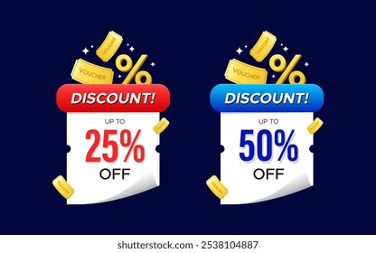 Discount up to twenty five and fifty percent off voucher coupon banner design. Vector design for promo, marketing, promotion, sale, discount, online sale, web, marketplace or social media