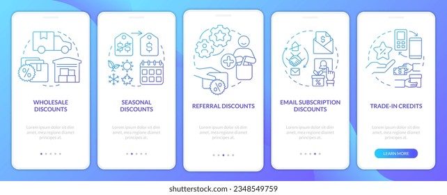 Discount types blue gradient onboarding mobile app screen. Allowances walkthrough 5 steps graphic instructions with linear concepts. UI, UX, GUI template. Myriad Pro-Bold, Regular fonts used