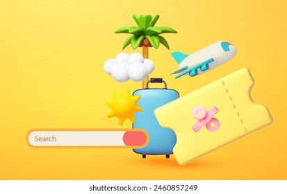 Discount vacation airline boarding pass ticket concept. Travel design with plane, suitcase, voucher, sun, percent sign and clouds