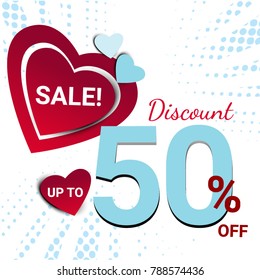 Discount valentines day red blue color with sale and hearts business background graphic color grunge burst vector style idea design