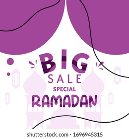 discount vector banner with Ramadan theme with purple open curtains