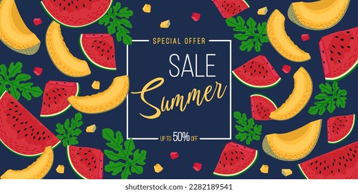 Discount vector banner with watermelon slices, melon, leaves, seeds on blue background with text. Vector summer illustration for poster, banner, discount advertising.