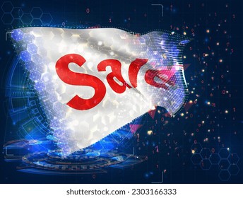 Discount,  vector flag, virtual abstract 3D object from triangular polygons on a blue background