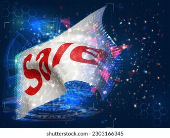 Discount,  vector flag, virtual abstract 3D object from triangular polygons on a blue background