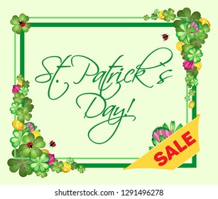Discount vector frame with a composition of leaves and flowers of clover interspersed with gold coins for the feast of St. Patrick's Day. With the text of congratulations. Pastel green background.