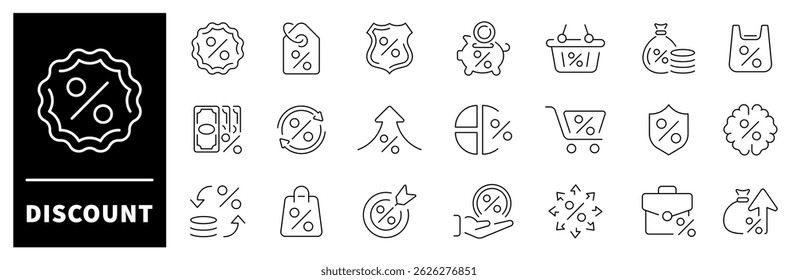 Discount vector icons. Discount thin line icons collection.  Discount offer and sale icons set. Sale, offer, price, promotion, discount related icons