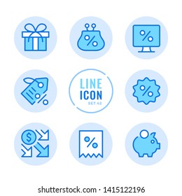 Discount vector line icons set. Sale, marketing, online shopping, black Friday, gift, special offer labels outline symbols. Thin line design. Modern simple stroke graphic elements. Round icons